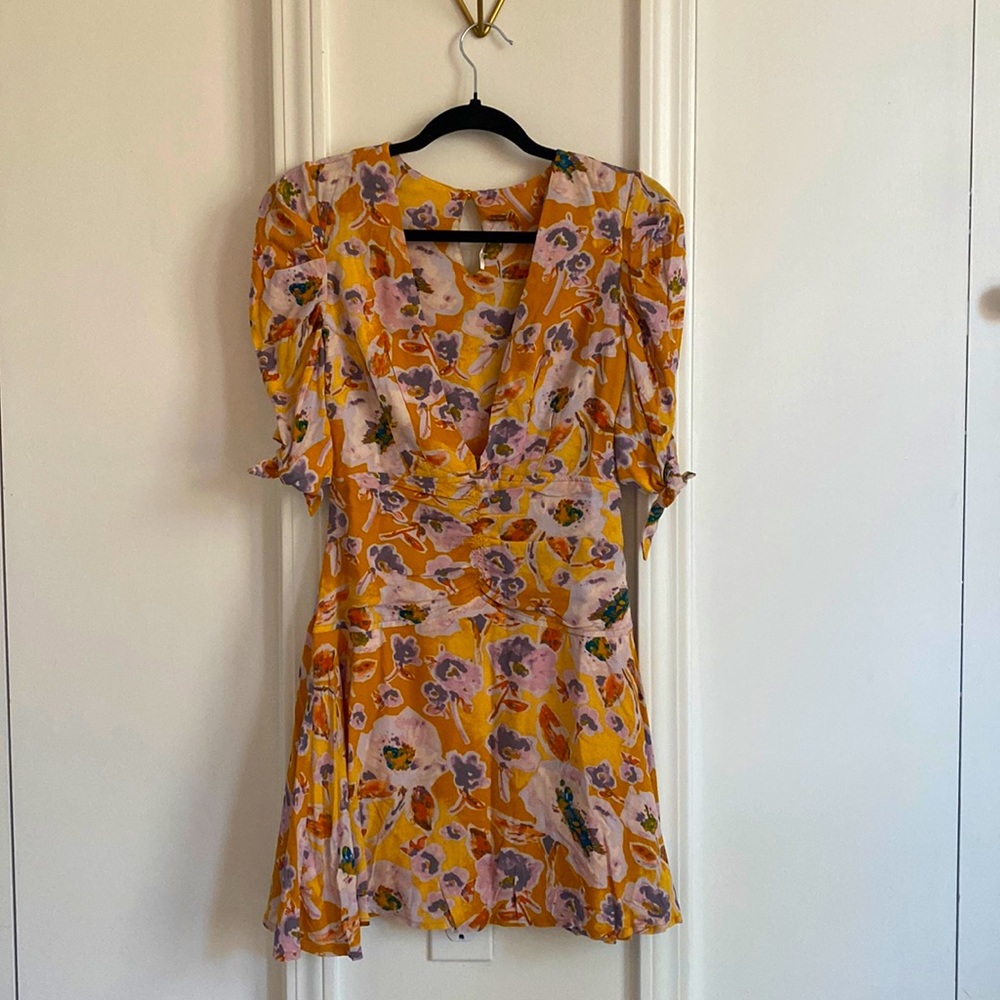 Free people yellow floral flounce mini dress size 0